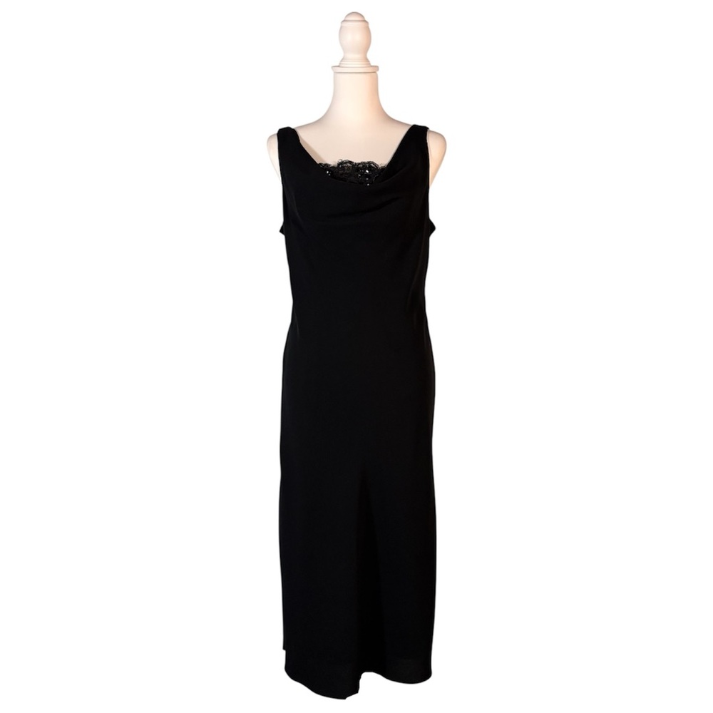 90s Black Midi Dress Women’s 12 Cowl Neck Sleeveless Glam Classic Retro
